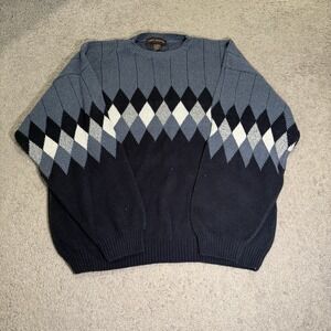 Liberty Sweaters Argyle V-Neck Sweater Adult XL Blue Heavyweight Cotton Knit